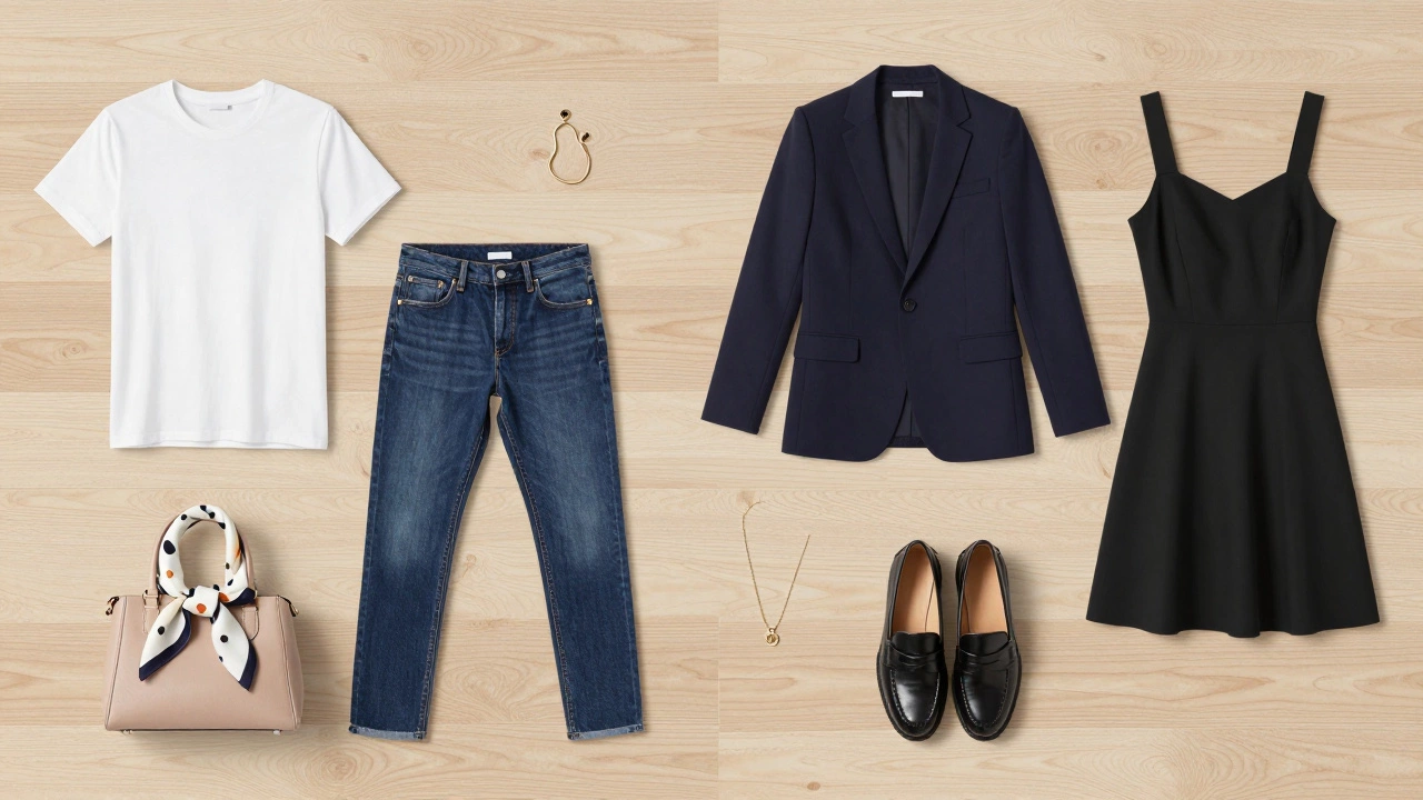 Flat lay of essential capsule wardrobe items and accessories on wood