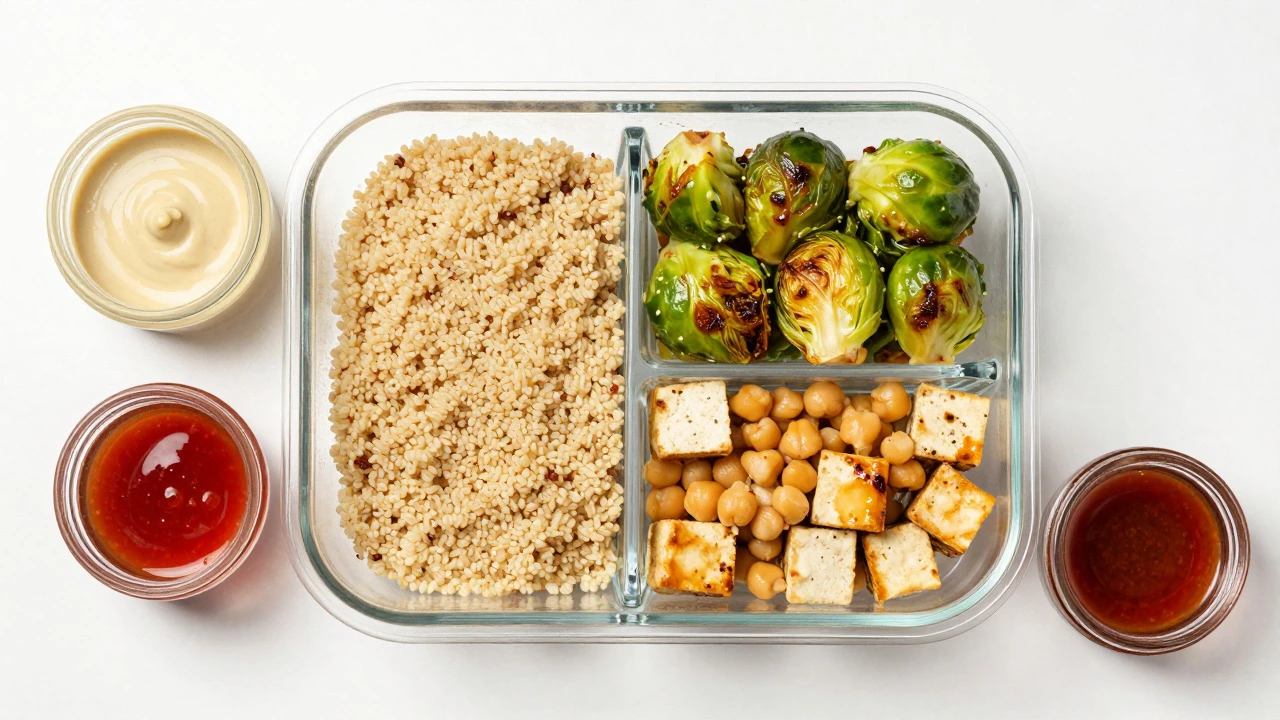 Glass container with quinoa, tofu, and veggies