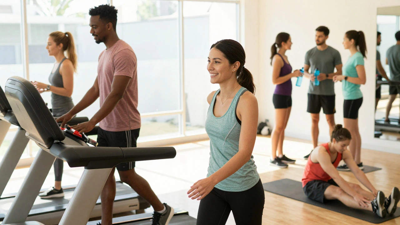 Group engaging in low-impact exercises in bright gym