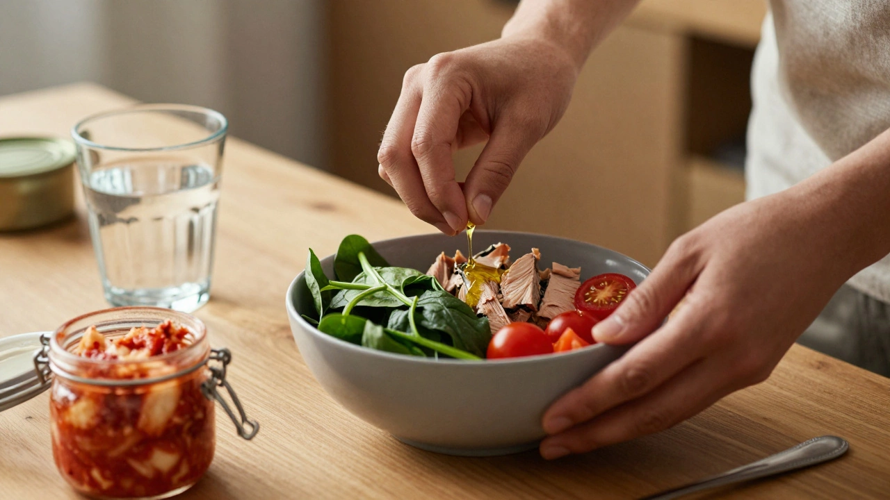Hands assembling a quick tuna and spinach salad bowl with kimchi