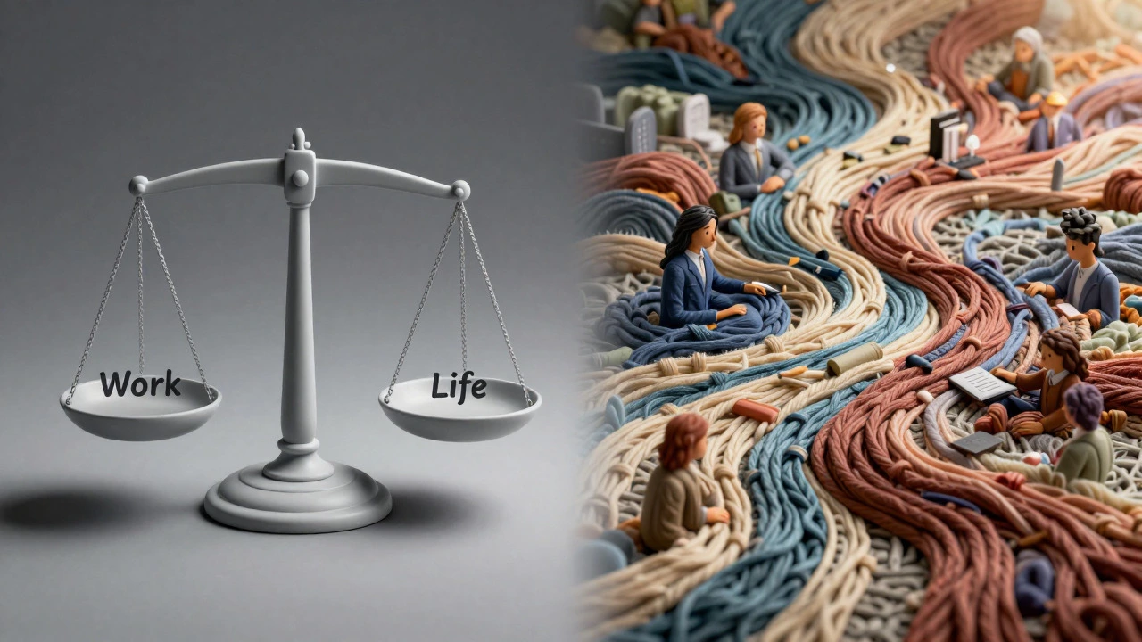 Illustration contrasting rigid work-life scale with seamless integration