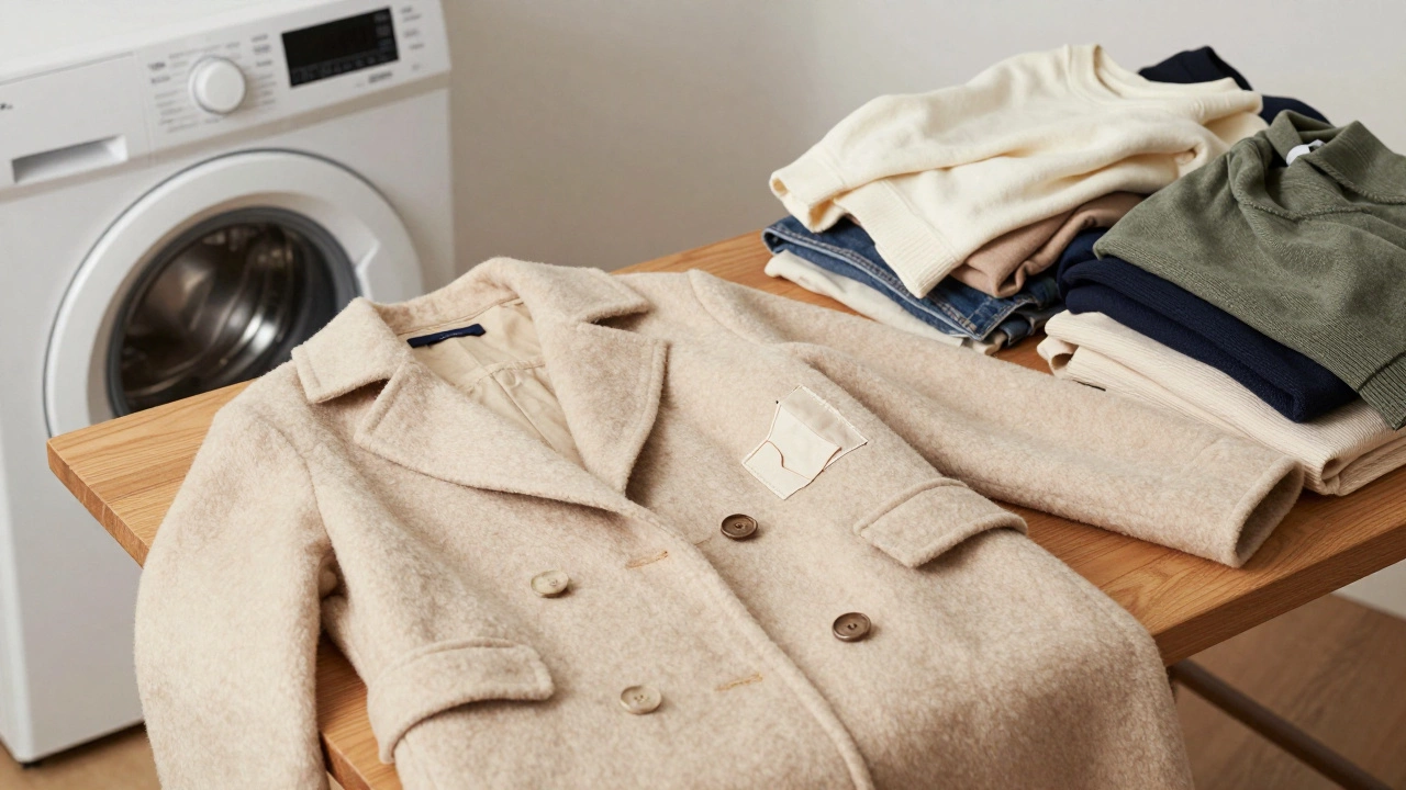 Mended wool coat and microfiber filter bag illustrating slow fashion and circular economy