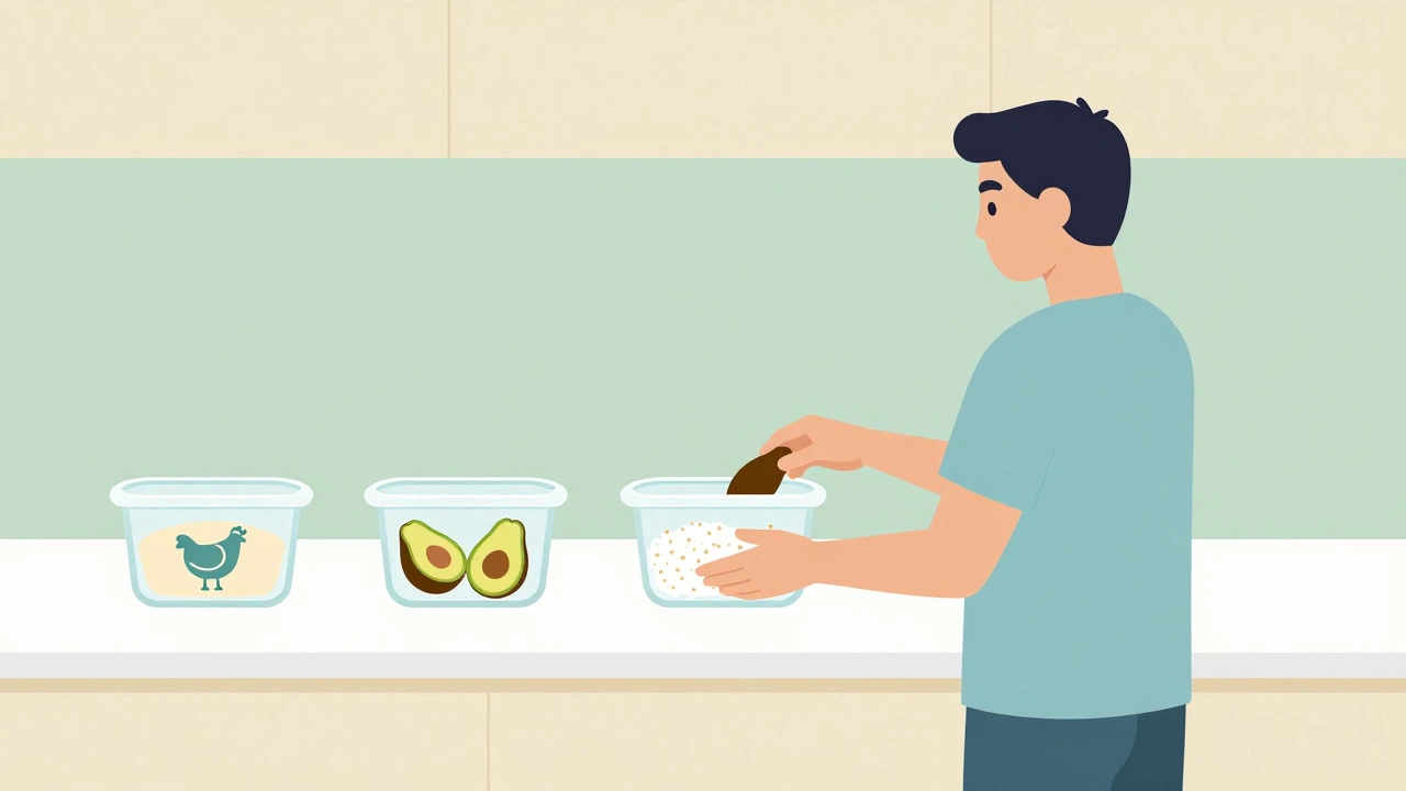 Minimalist illustration of a person preparing a meal with three nutrient containers.