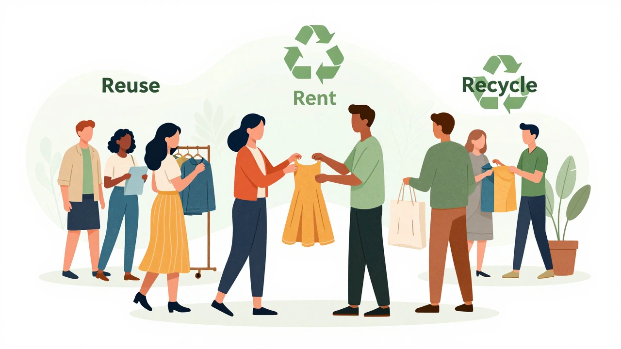 People exchanging secondhand clothes in a bright community setting