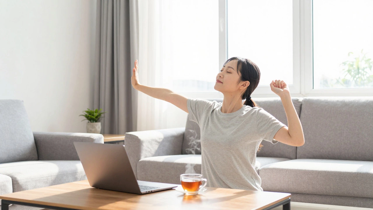 Person relaxing by window with closed laptop, enjoying morning light