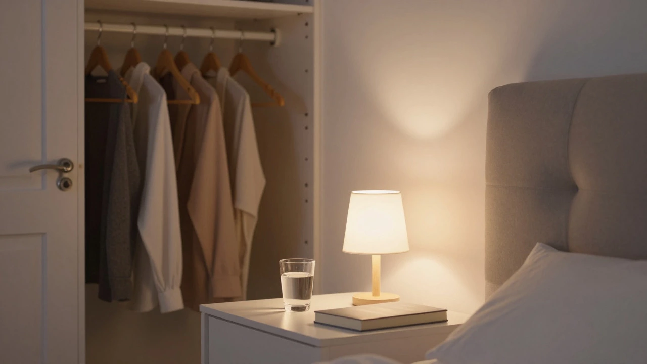 Serene bedroom with tidy nightstand and organized closet for peaceful sleep