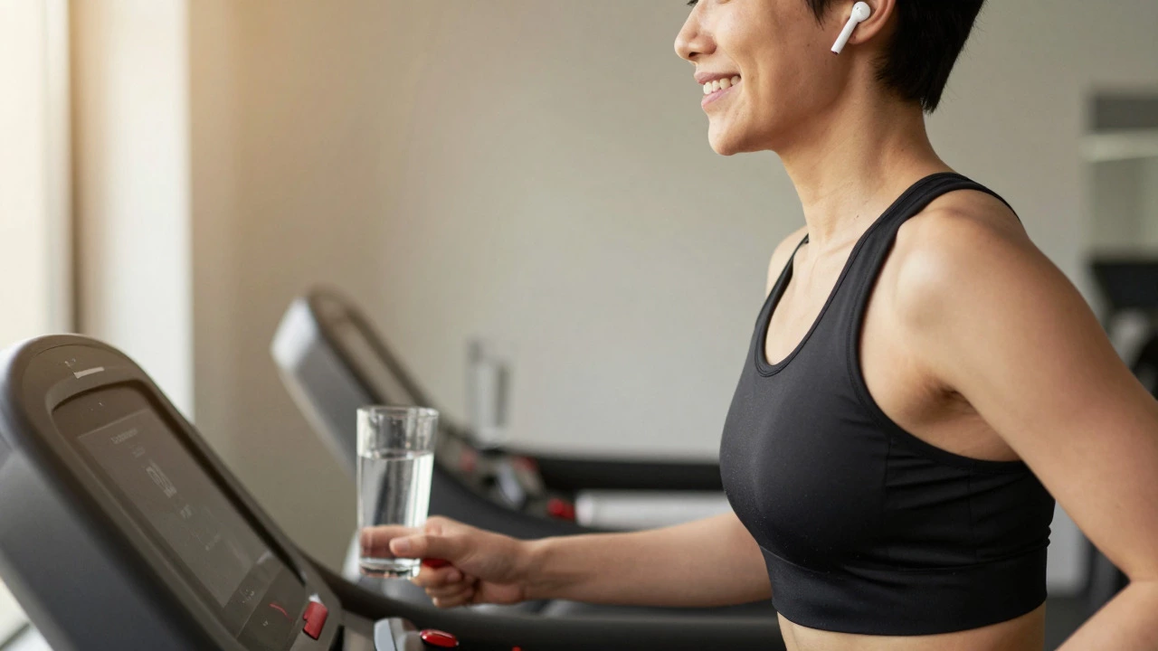 Smiling person listening to music while walking on treadmill