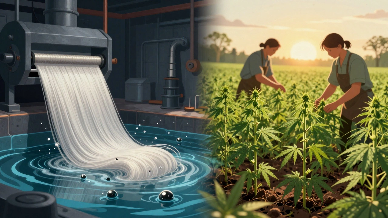 Split image showing polluted synthetic fiber production vs sustainable hemp farming fields