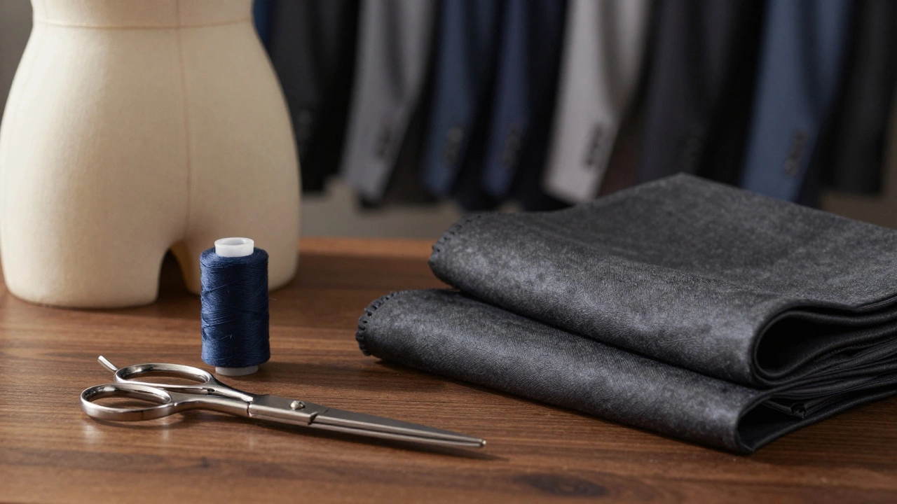 Tailoring tools and fabrics representing custom fit and personal style