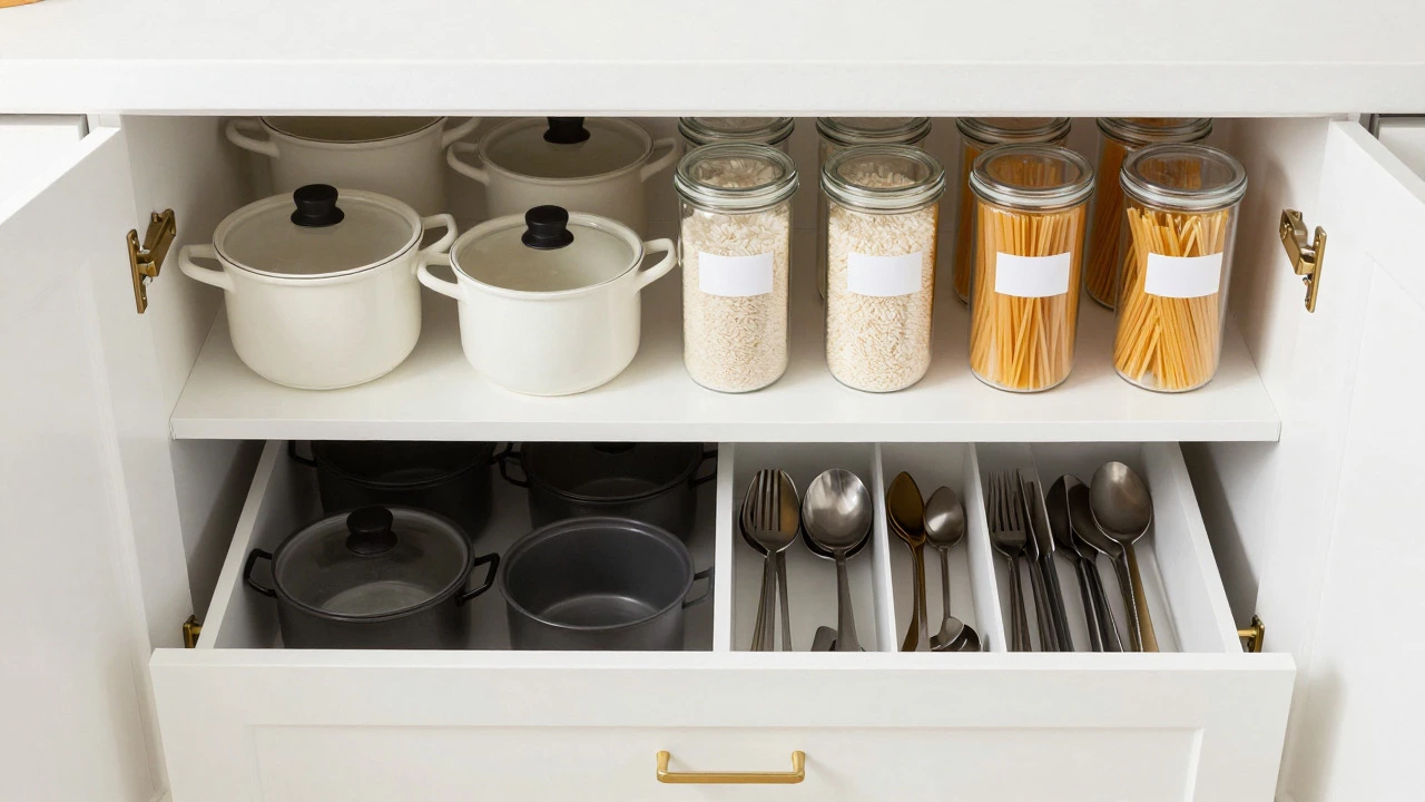 Top-down view of organized kitchen cabinets with clear jars and divided drawers