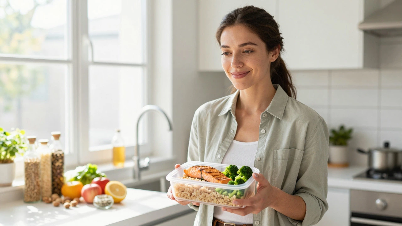 Woman holding a healthy lunch container with salmon, rice, and broccoli in a sunny kitchen.