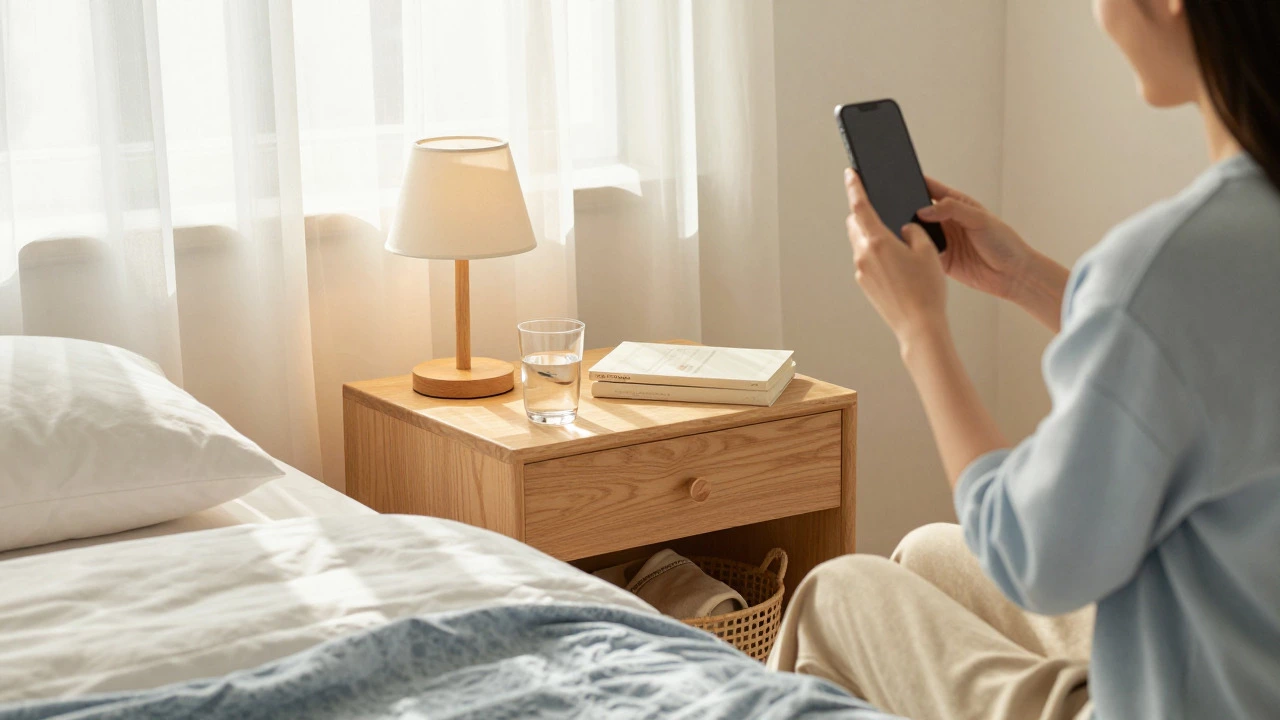 A person taking a photo of a tidy bedside table in a sunny bedroom