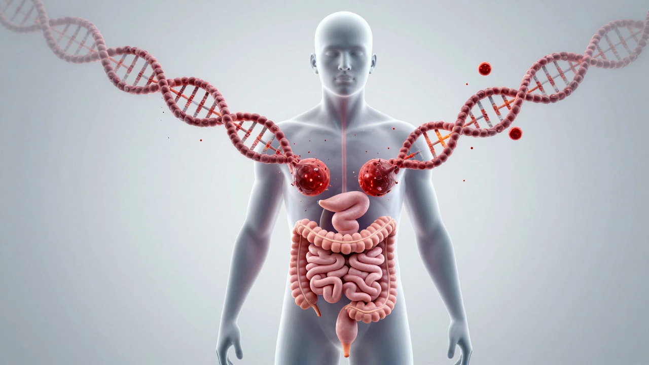 Abstract illustration of chemical compounds damaging DNA inside a human digestive system