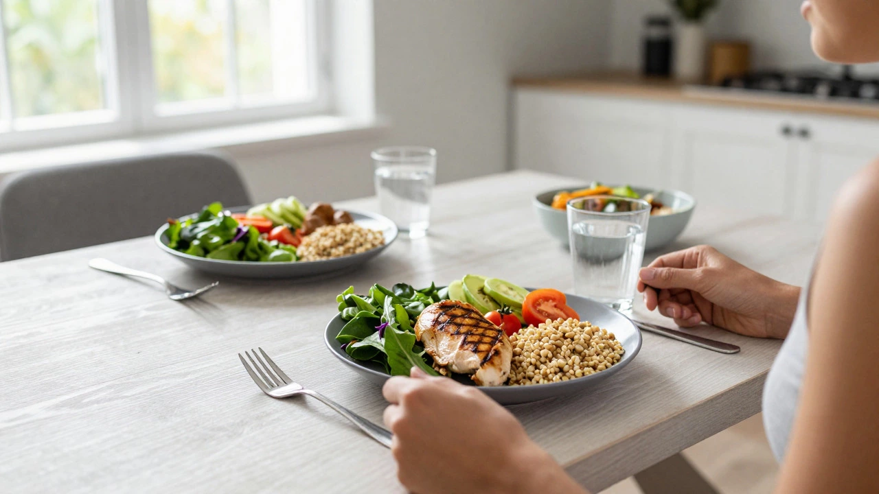 Brightly lit lunch table with healthy protein-rich food, illustrating focused nutrient intake