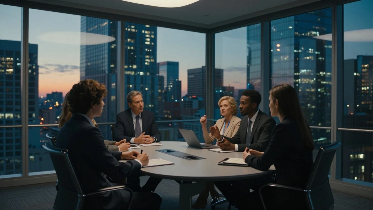 Business professionals debating in a glass-walled boardroom at dusk