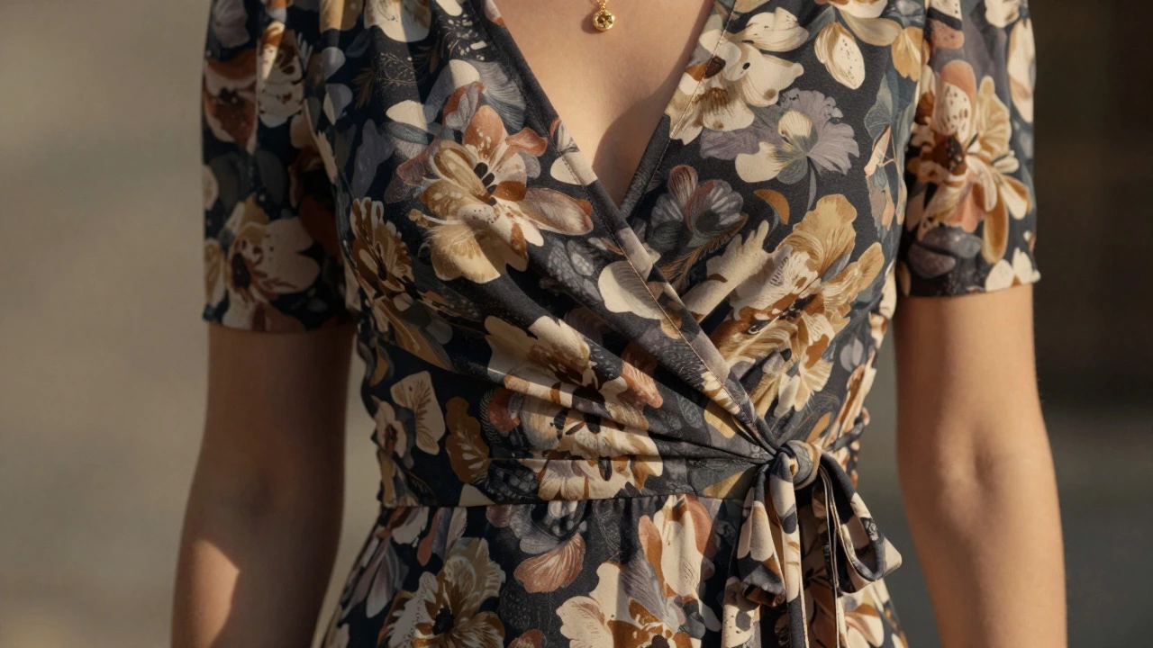 Close-up of floral wrap dress with empire waist and gold necklace.