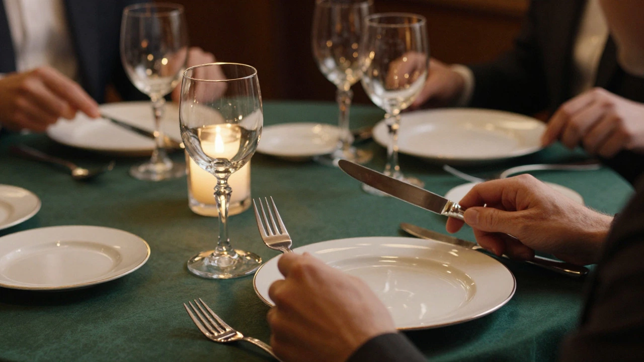Close-up of hands using cutlery correctly at a formal UK restaurant table.
