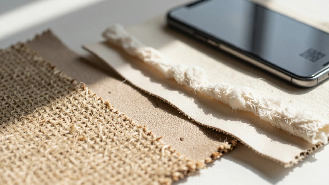 Close-up of sustainable fabric textures like hemp and mycelium with a smartphone for verification.