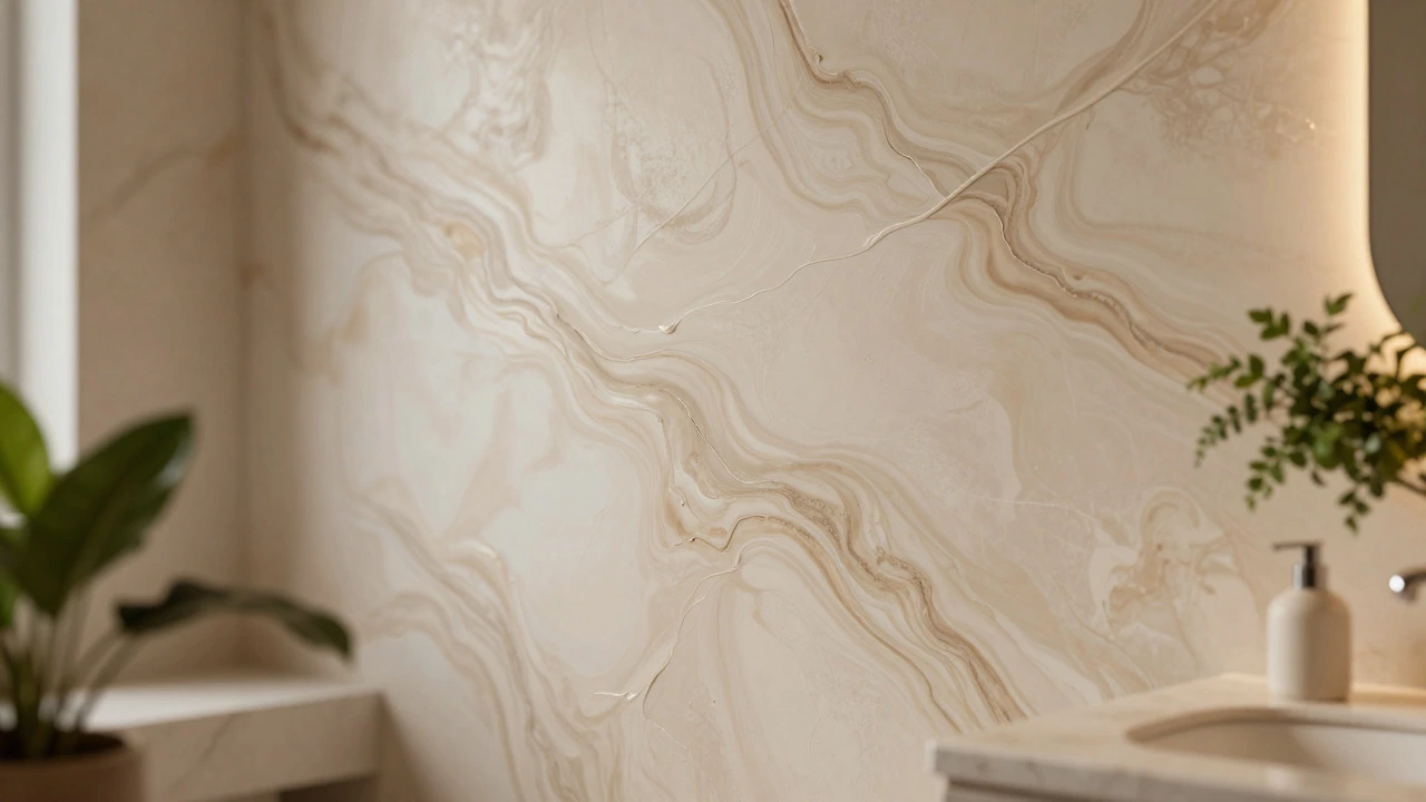 Close-up of textured Venetian plaster wall in a serene bathroom setting