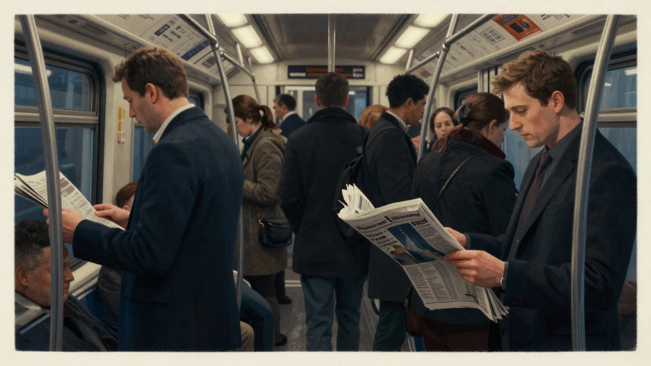 Commuters maintaining personal space and silence inside a London Underground train car.