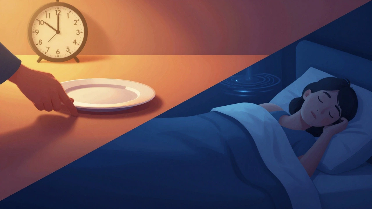 Conceptual art showing a finished dinner transitioning into peaceful nighttime sleep