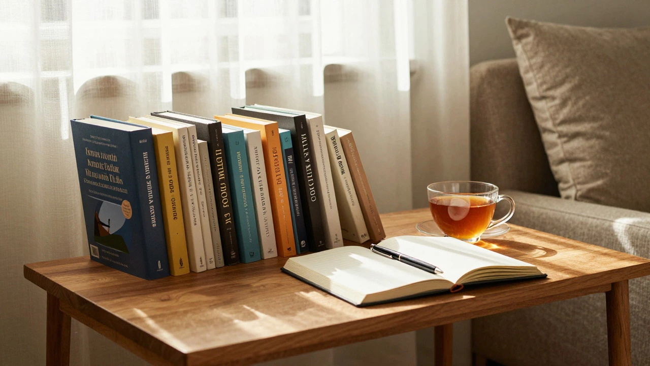 Cozy sunlit reading corner with self-help books, journal, and tea