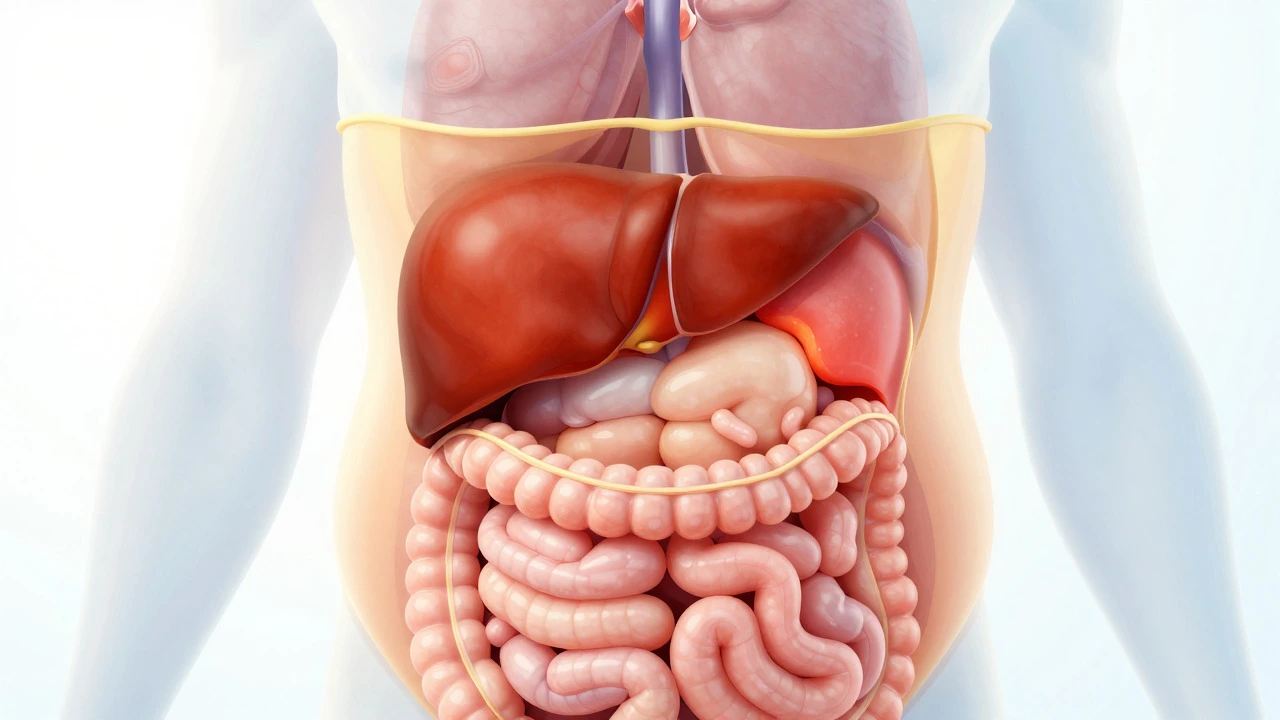 Cross-section illustration showing subcutaneous and visceral belly fat layers