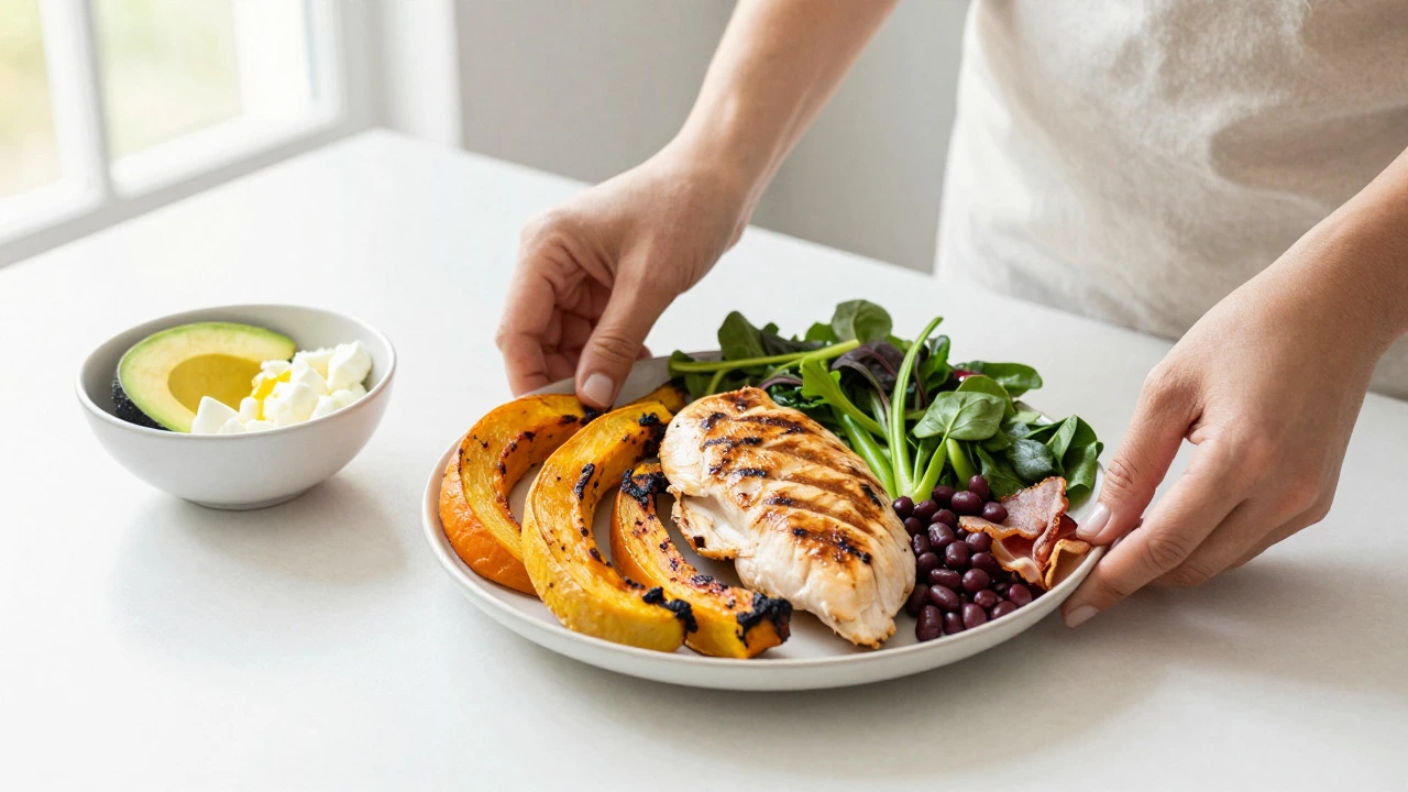 Hands preparing a healthy plate with grilled chicken, vegetables, and avocado in a bright kitchen