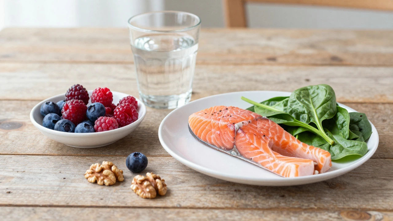 Healthy brain-boosting foods like berries and fish on a table