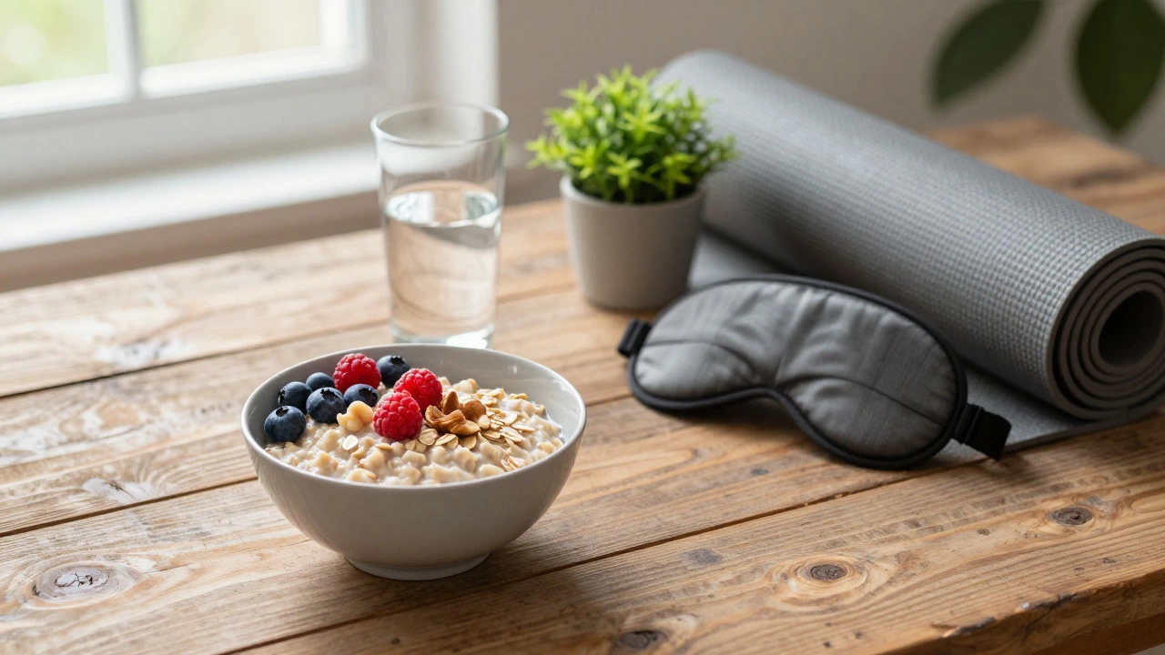 Healthy breakfast, yoga mat, and sleep accessories on a wooden table