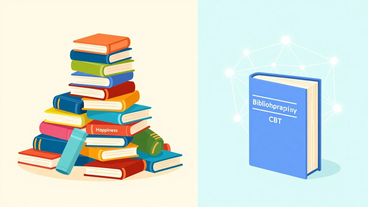 Illustration comparing chaotic pop psychology books with structured therapeutic literature