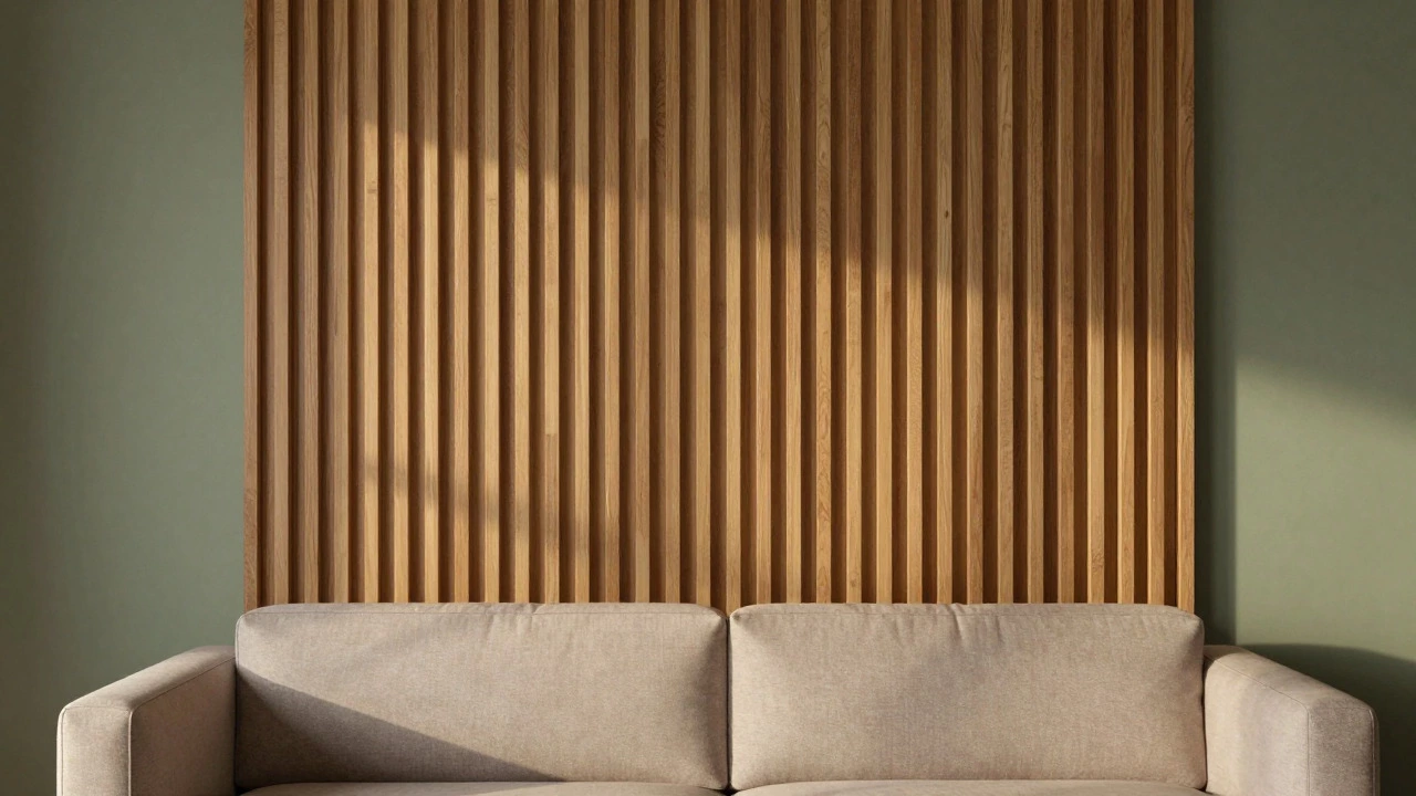 Living room with vertical oak wood slat wall and sage green background