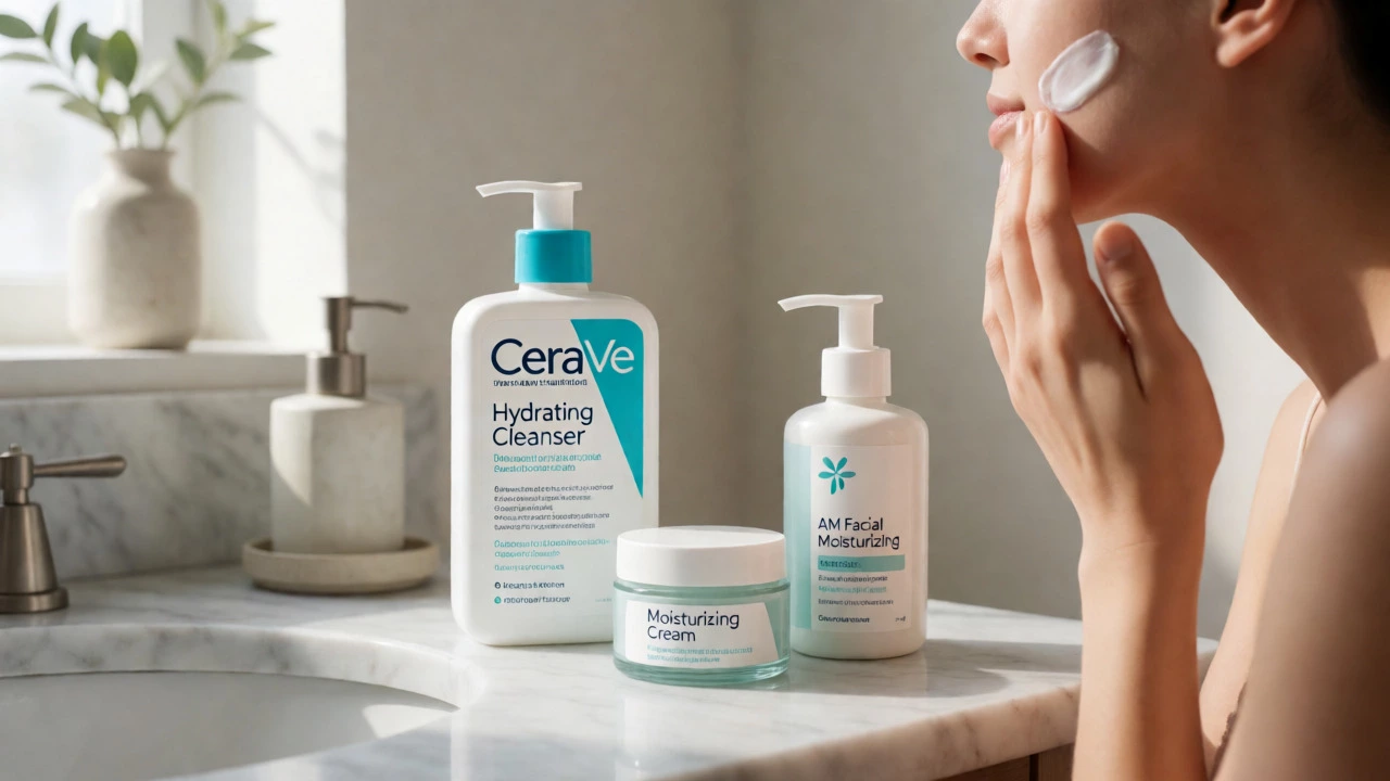 Minimalist bathroom counter with CeraVe skincare products