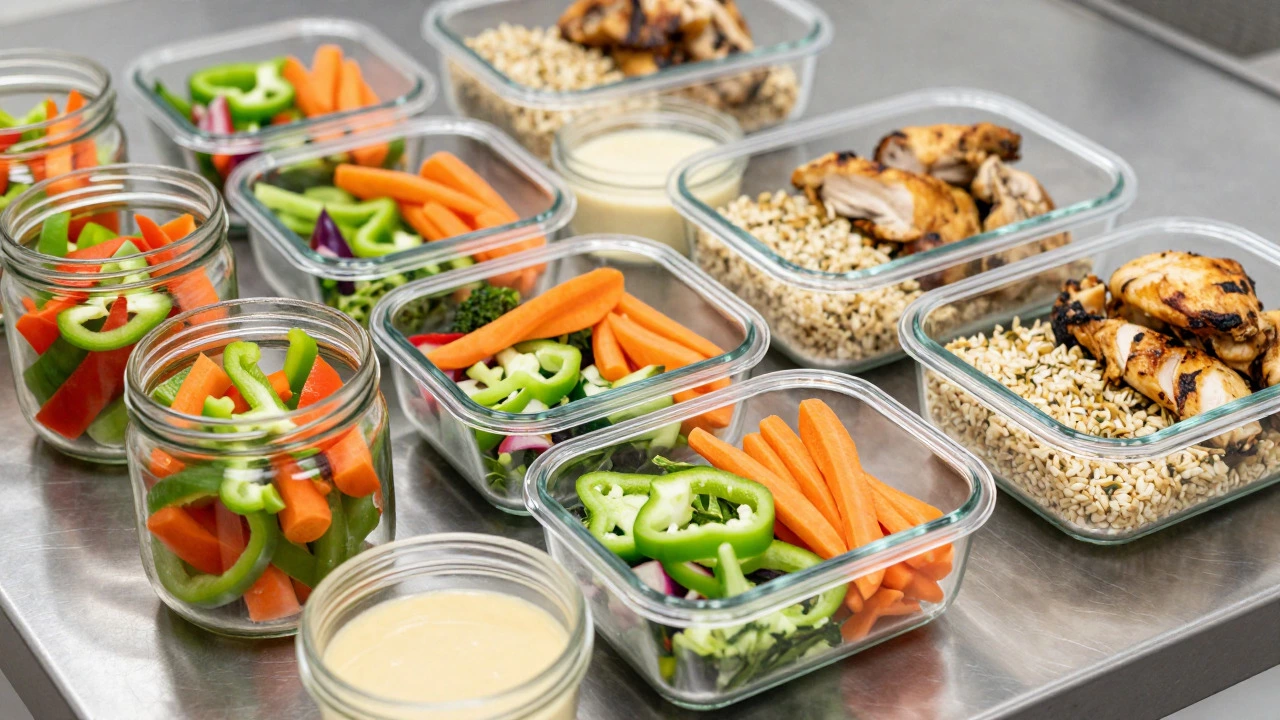 Neatly arranged meal prep containers with chopped vegetables and proteins