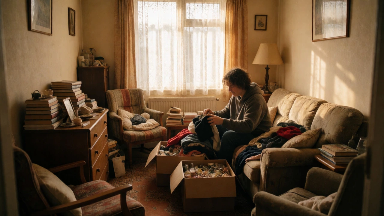 Person decluttering a cozy home with second-hand items