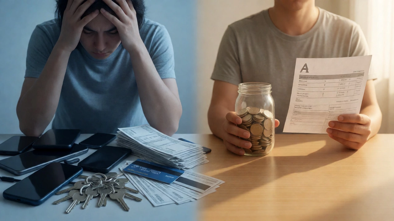 Split view showing stress from clutter versus calm savings