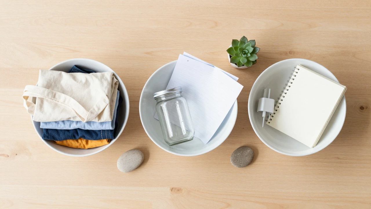 Three white bowls containing sorted household items on a wooden table