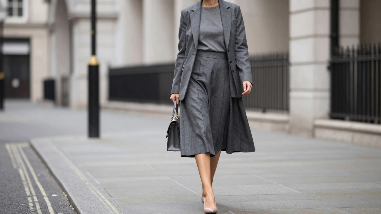 Woman in open blazer and A-line skirt walking confidently on city street.