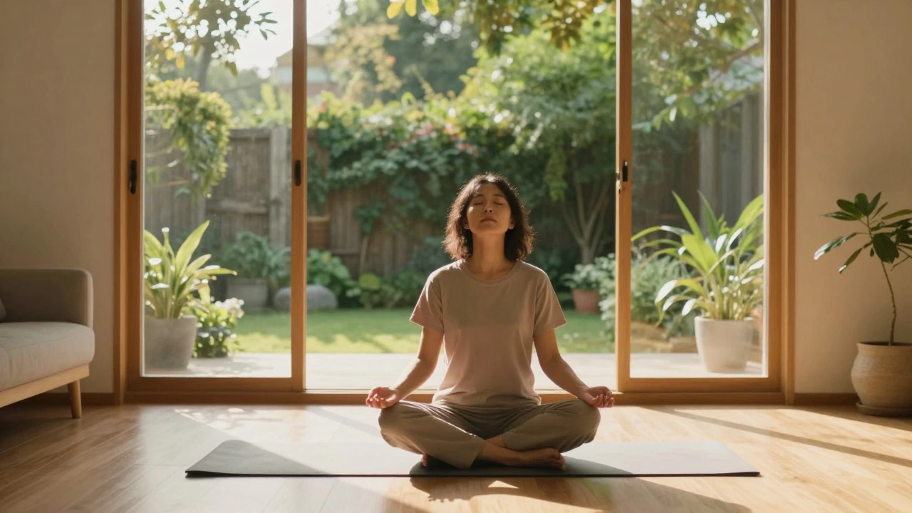 Woman meditating in a sunlit room with a view of nature