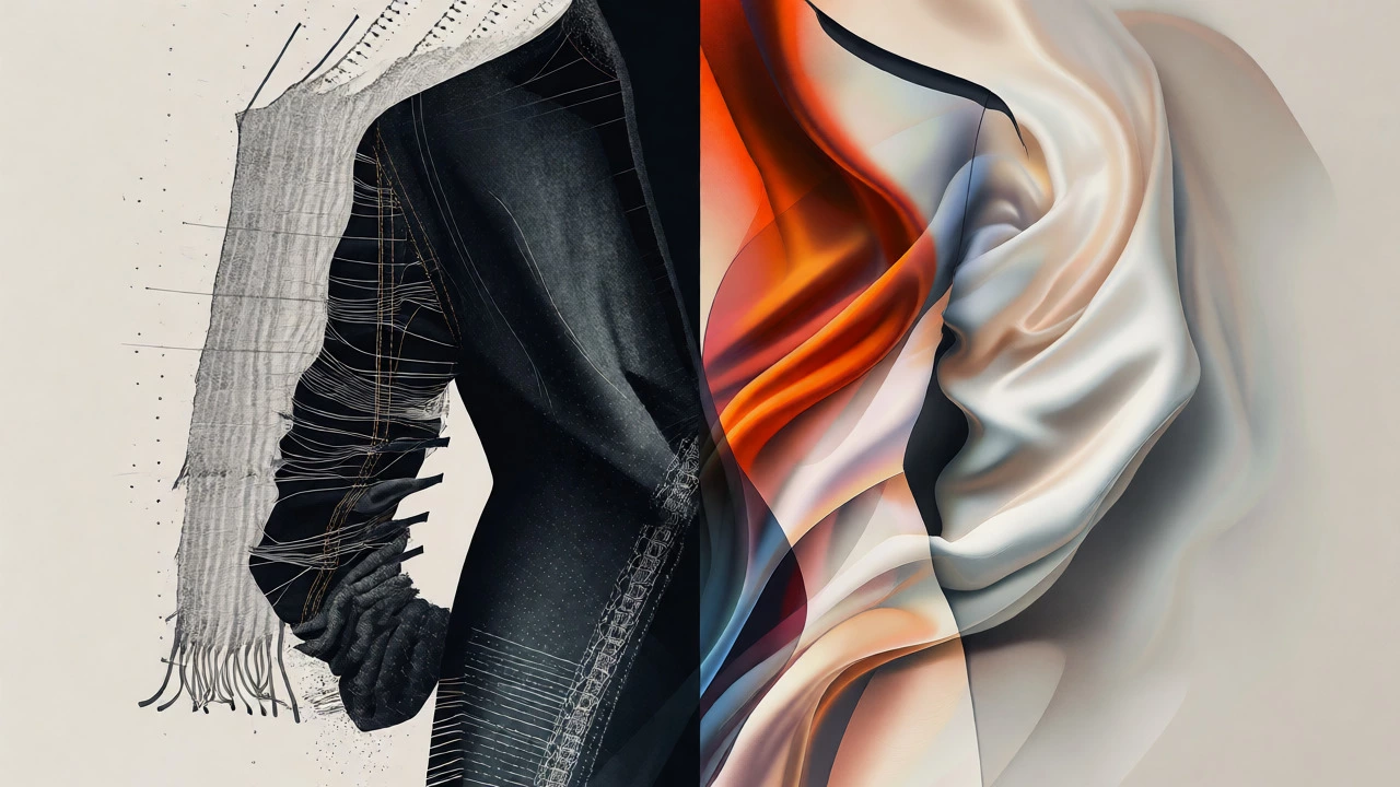 Abstract visual contrasting rough denim textures with smooth silk fabrics