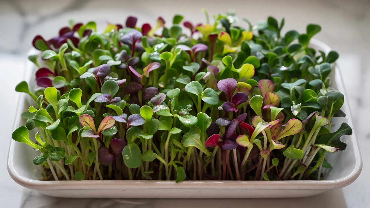 Close-up of colorful microgreens growing in a shallow white tray.