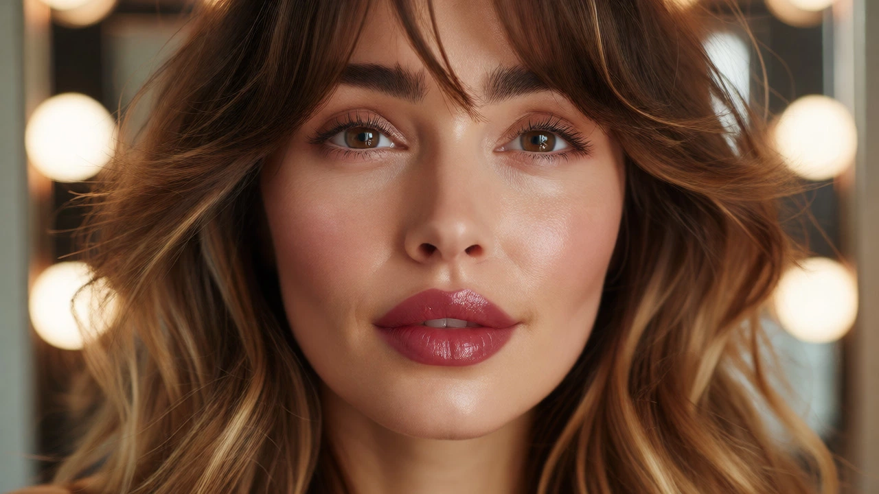 Close-up of woman with voluminous highlighted hair and dewy makeup