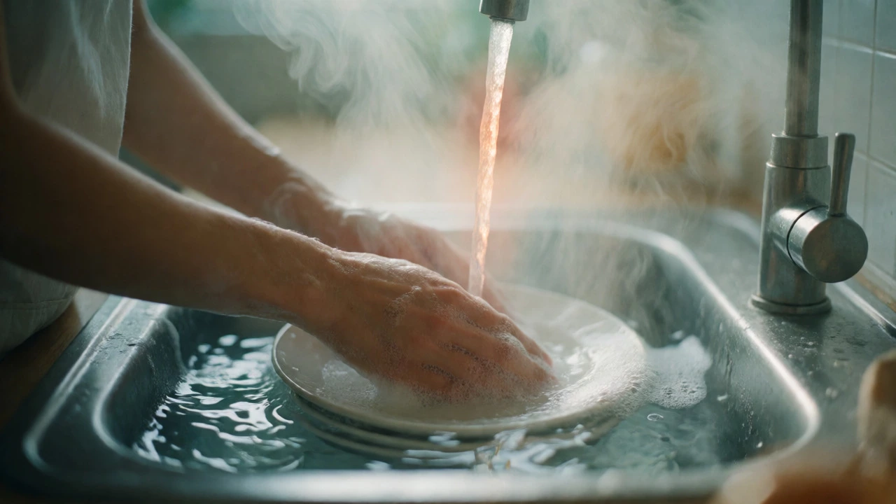 Conceptual blend of hands washing dishes with swirling, mindful water textures.