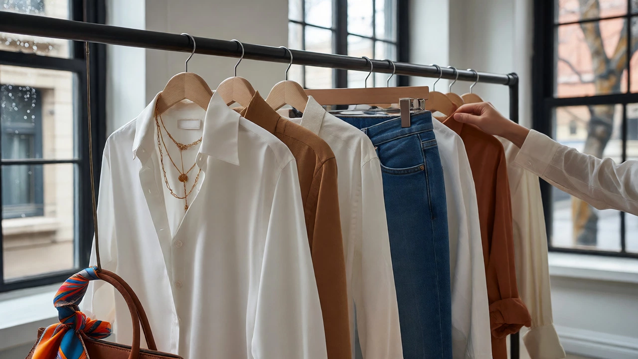 Curated capsule wardrobe with coordinated outfits and signature accessories on a rack.