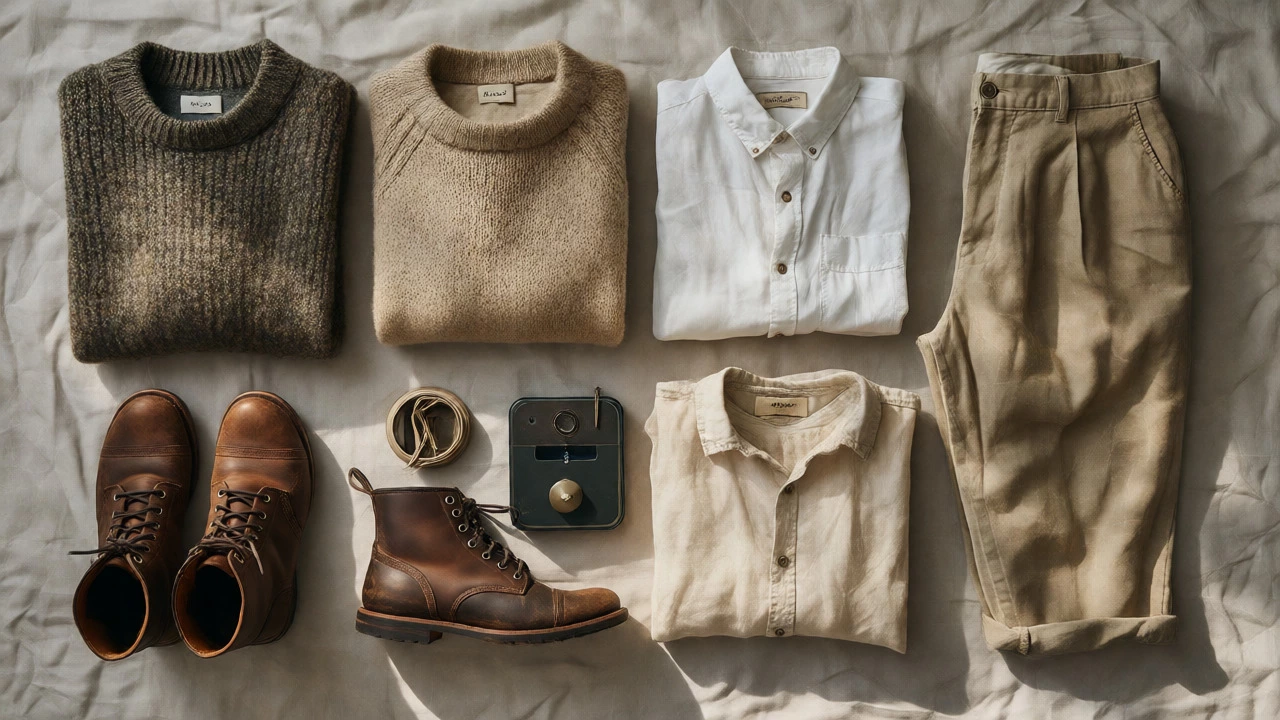 Flat lay of durable wool, linen, and hemp clothing items representing a capsule wardrobe.