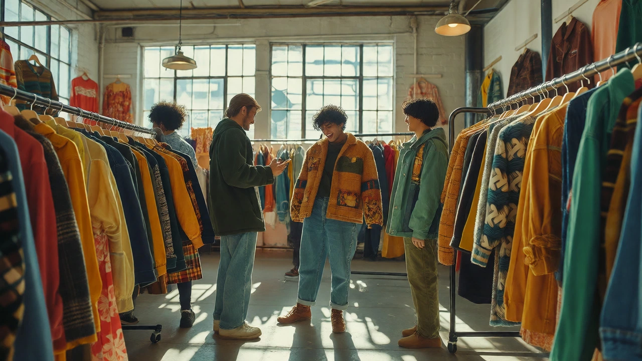 Friends shopping for vintage clothes in a bright, trendy thrift store