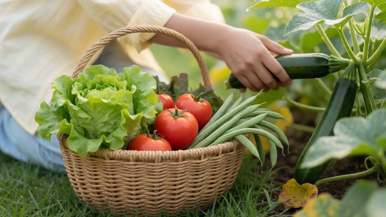 Gardener harvesting fresh tomatoes and lettuce into a wicker basket