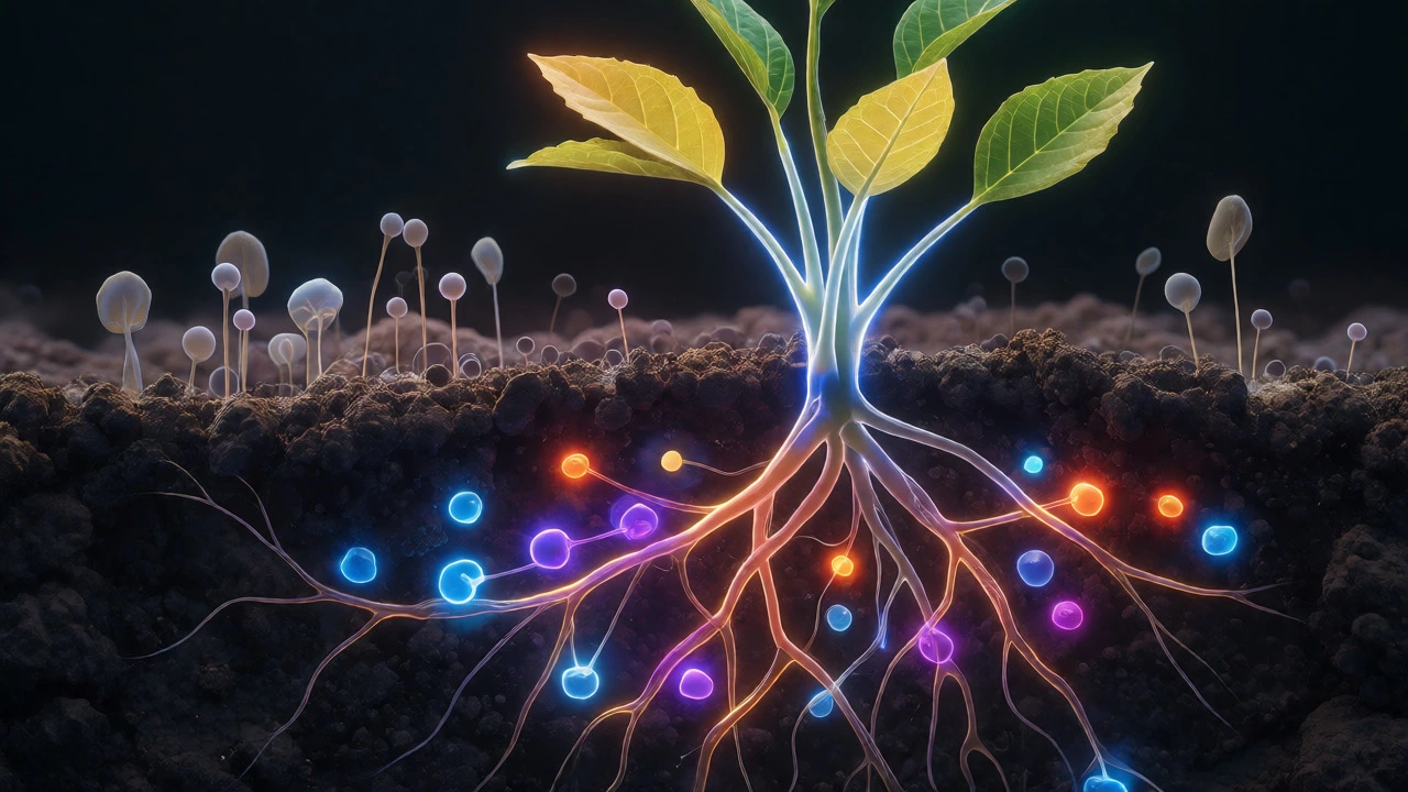 Glowing roots absorbing colorful nutrient ions from soil