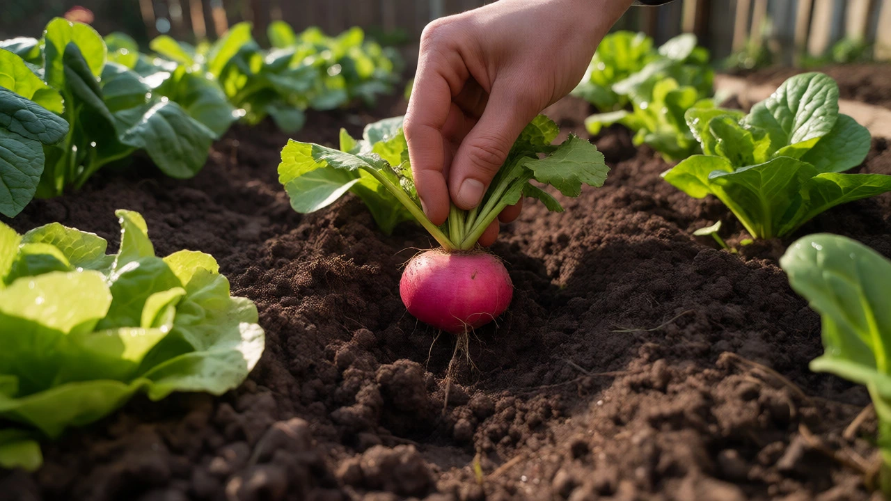 Hand harvesting a fresh radish from a garden bed with leafy greens.