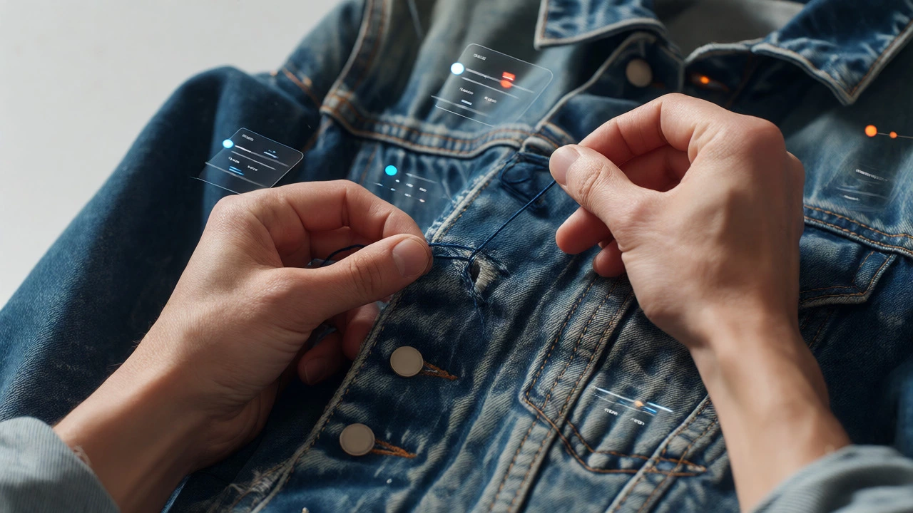 Hands repairing a denim jacket with visible stitching and data overlays